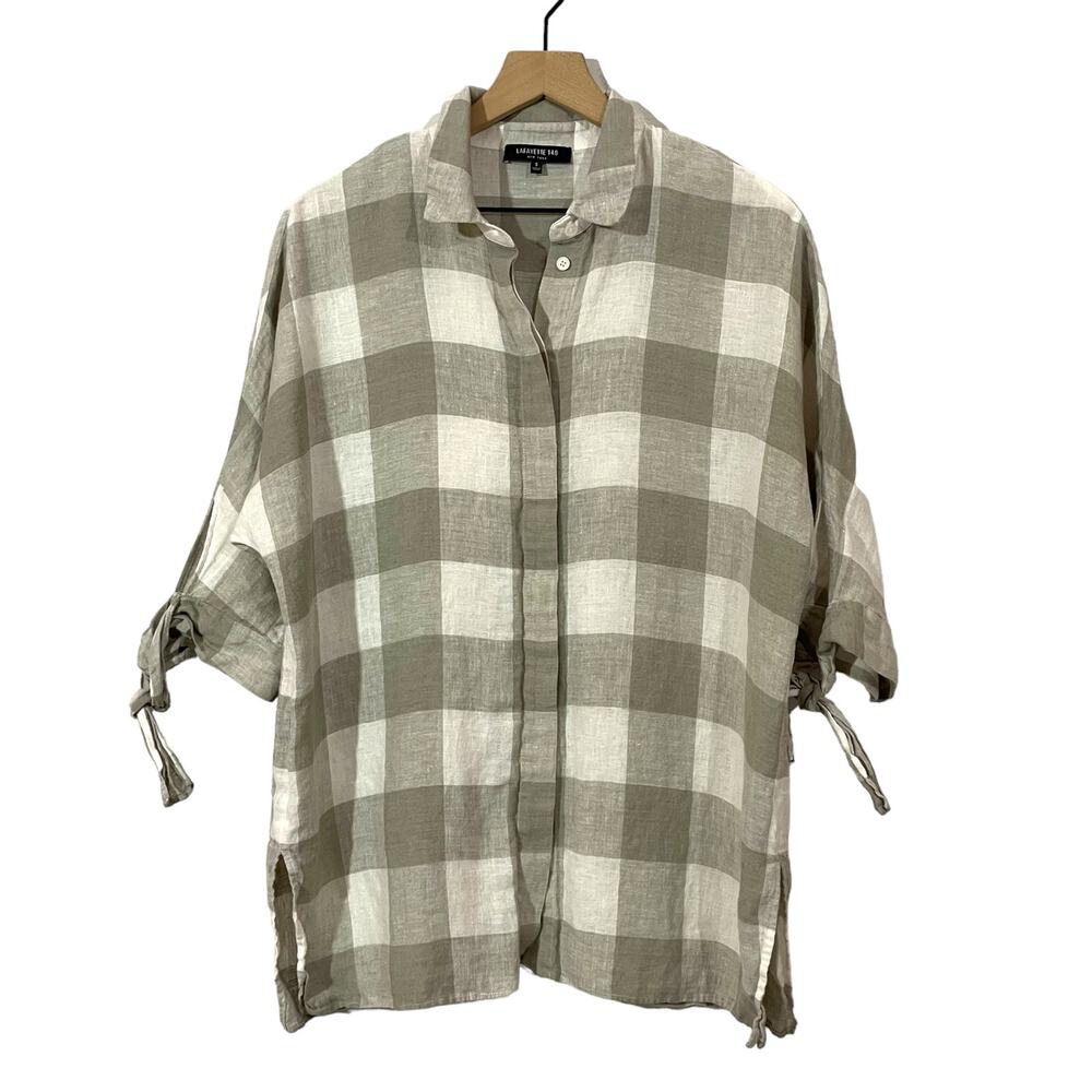 Lafayette 148 New York Self-Tie Check Blouse - Gray/White - S
